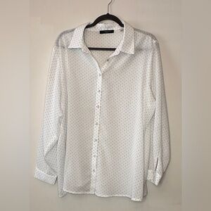 T Tahari White and Black Polka Dot Long Sleeve Sheer Blouse, Size 1X